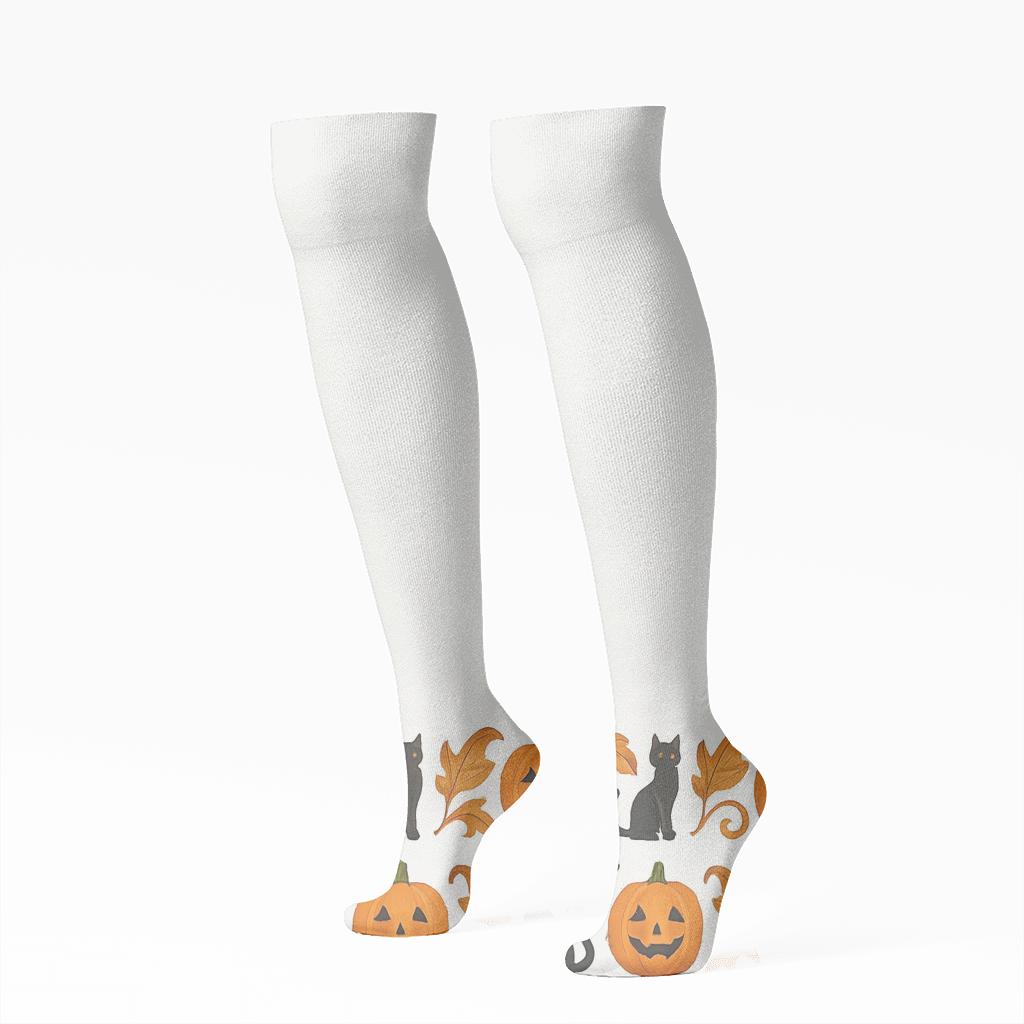 Carved Pumpkin Border Pattern On White Background designer print knee-high socks