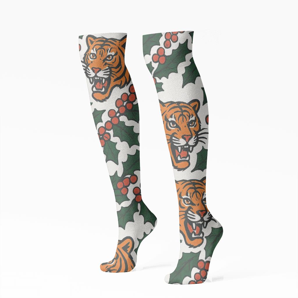 Tiger Stripe Holly Alternation On Snow Field designer print knee-high socks