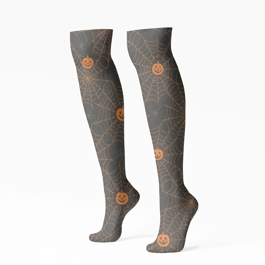 Spider Web Overlay With Pumpkin Motifs On Black Background comfortable cotton knee-high socks
