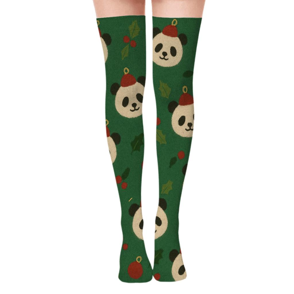 Panda Ornament Scatter On Holly Green personalized over-the-knee socks