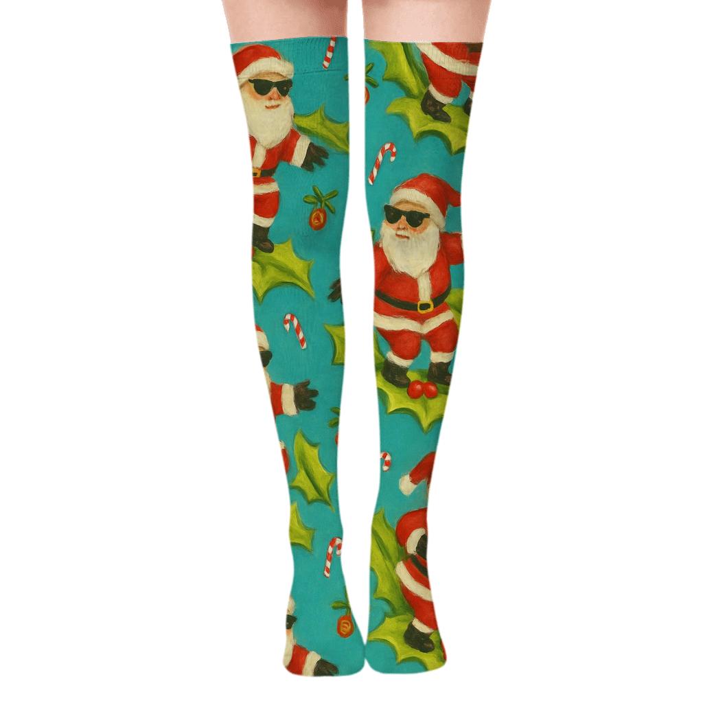 Santa Surf Retro Repeat unique graphic over-the-knee socks