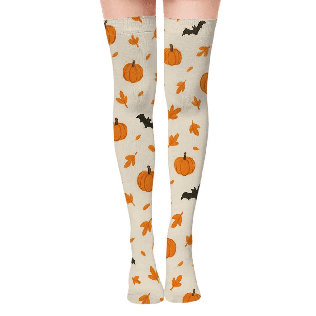 Pumpkin Scatter On Neutral Background designer print over-the-knee socks