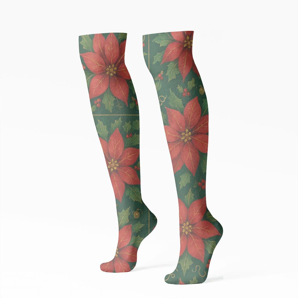 Poinsettia Tile On Deep Green Background personalized knee-high socks