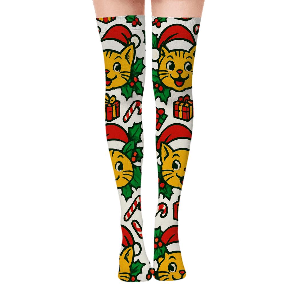 Festive Cat Carol Grid unique graphic over-the-knee socks