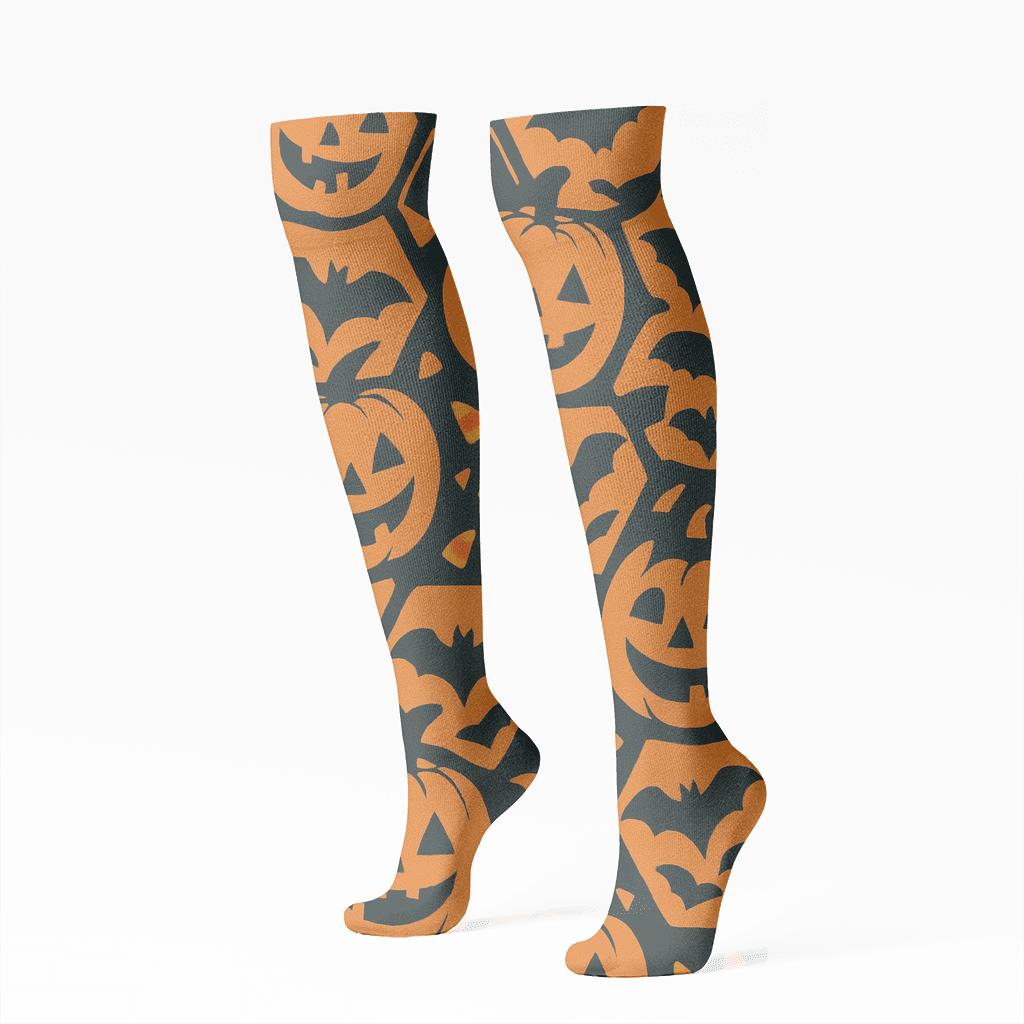 Jack O Lantern Hexagonal Tile On Black Background custom knee-high socks