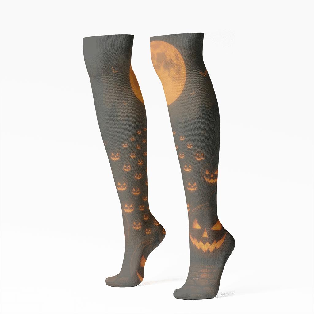 Glowing Pumpkin Radial On Black Background stylish athletic knee-high socks