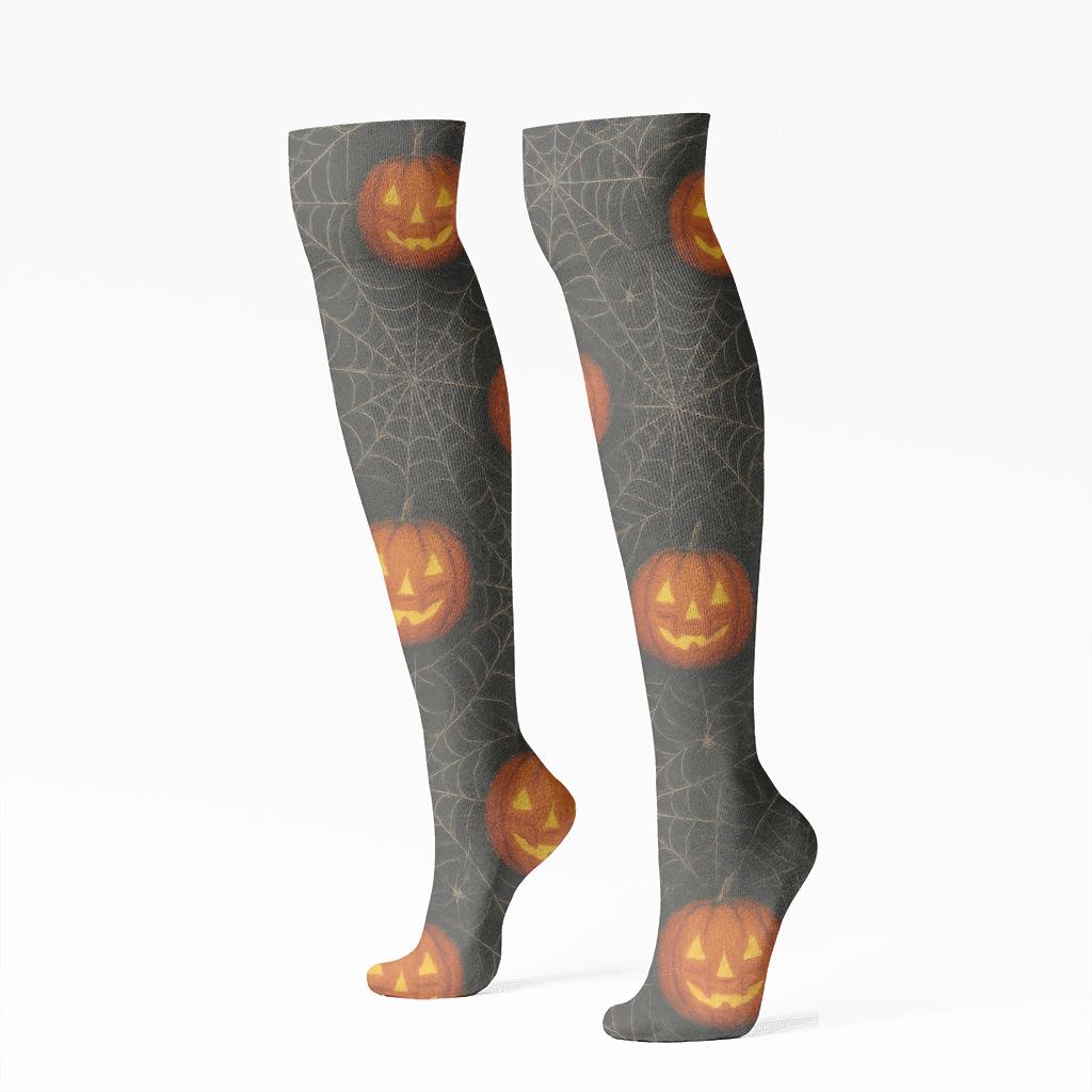 Spider Web Overlay With Pumpkins On Black Background soft everyday knee-high socks