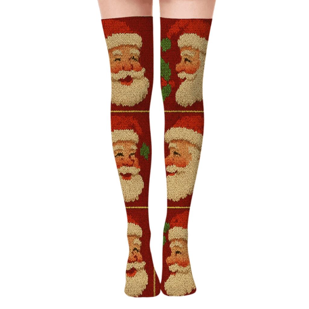 Classic Santa Grid On Red Background stylish fashion over-the-knee socks