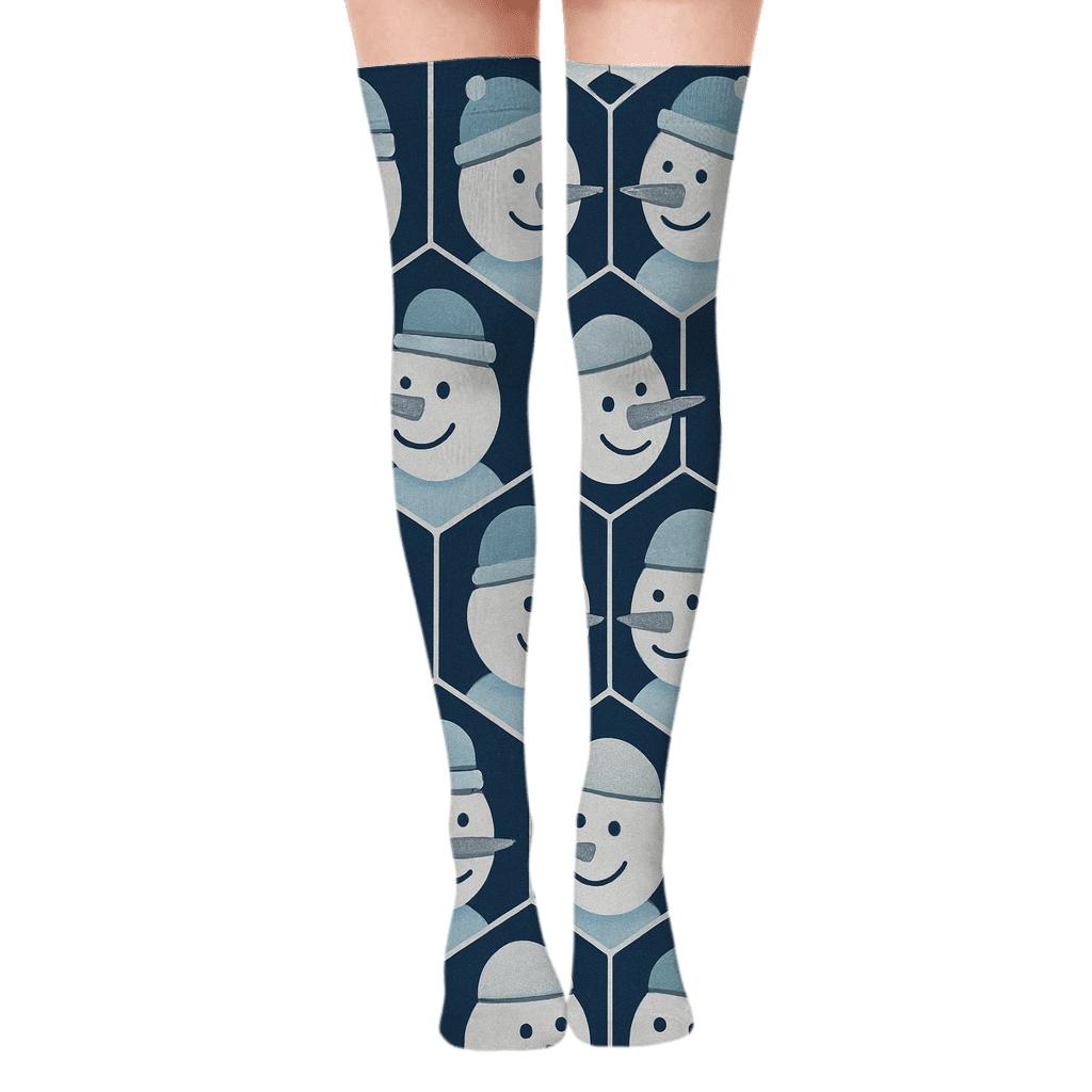 Icy Snowman Tessellation On Navy Blue designer print over-the-knee socks