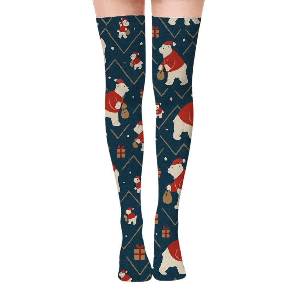 Santa Bear Chevron Scatter designer print over-the-knee socks