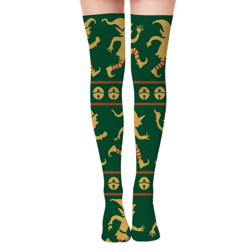 Elf Pattern Bands On Green Background soft everyday over-the-knee socks
