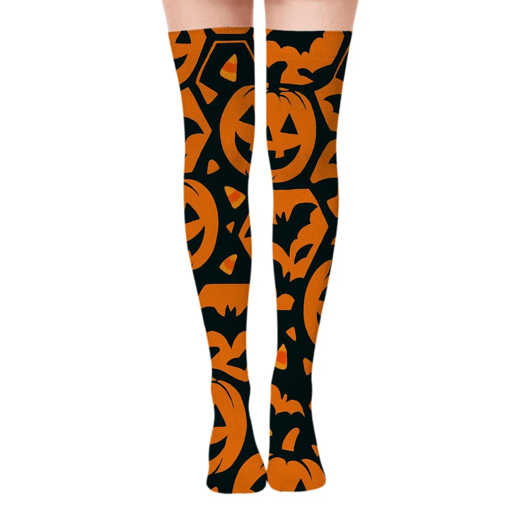 Jack O Lantern Hexagonal Tile On Black Background trendy patterned over-the-knee socks