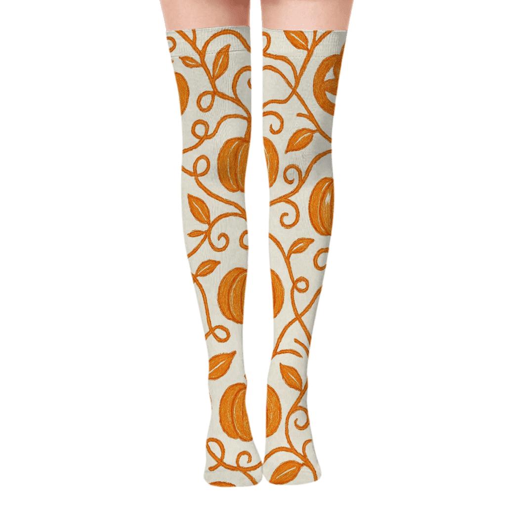 Pumpkin Vine Lattice On White Background trendy patterned over-the-knee socks