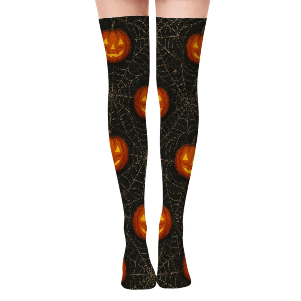 Spider Web Overlay With Pumpkins On Black Background stylish fashion over-the-knee socks