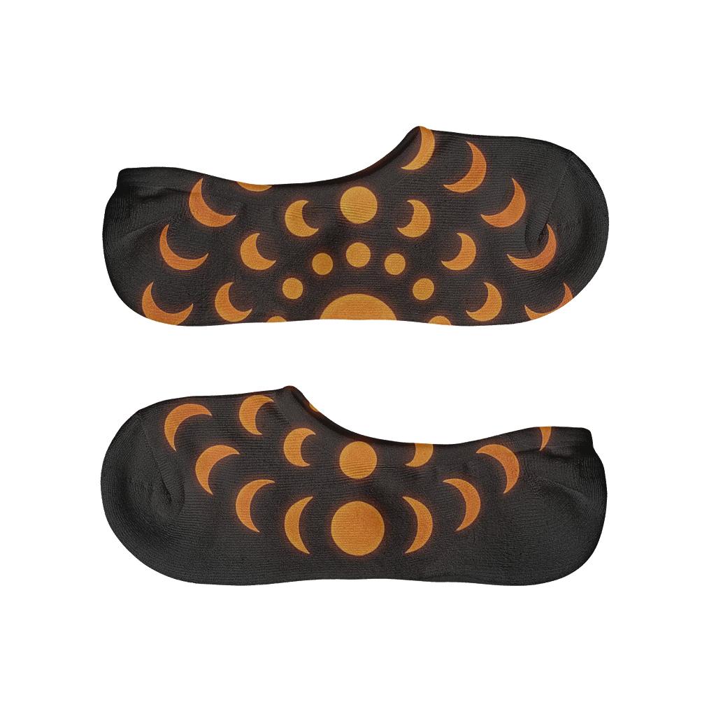 Radiant Orange Moon Phase Circular Pattern On Black Background designer print no-show socks
