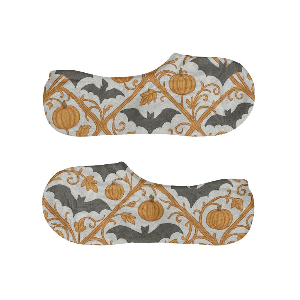 Orange Pumpkin Vine Lattice With Bats On White Background breathable seamless no-show sockscustom no-show socks