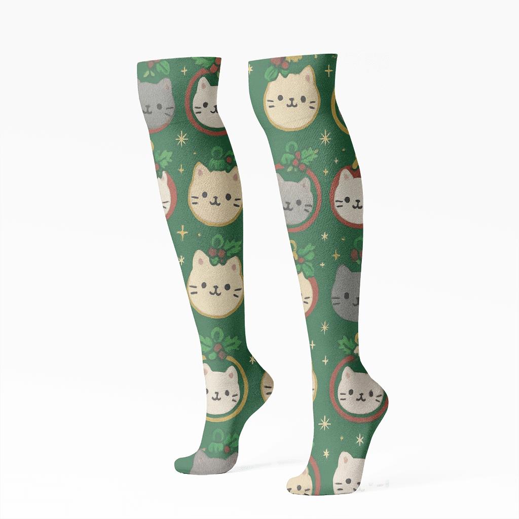 Festive Cat Bauble Grid On Green Background trendy patterned knee-high socks