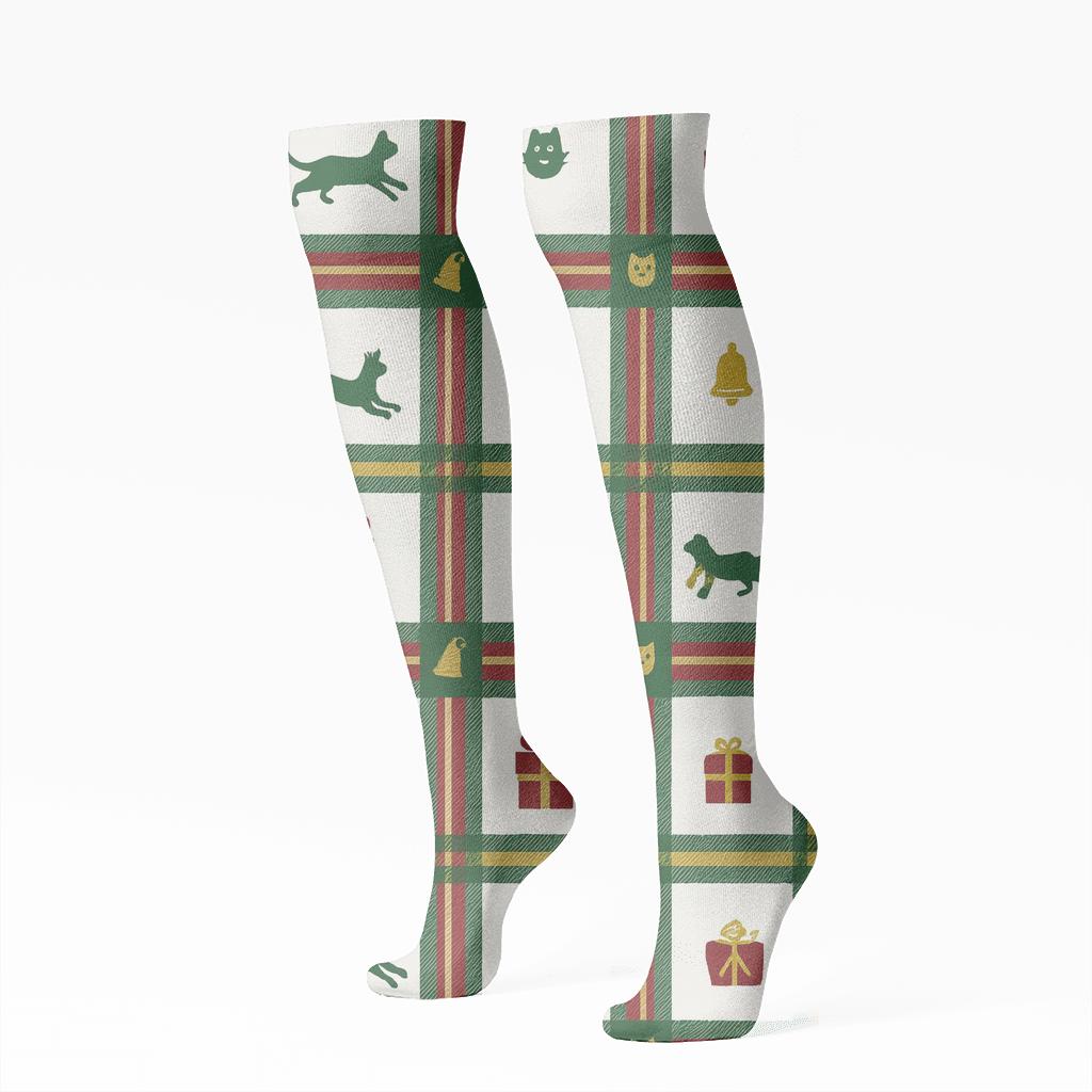 Playful Cat Chaos Tartan On White Background unique graphic knee-high socks