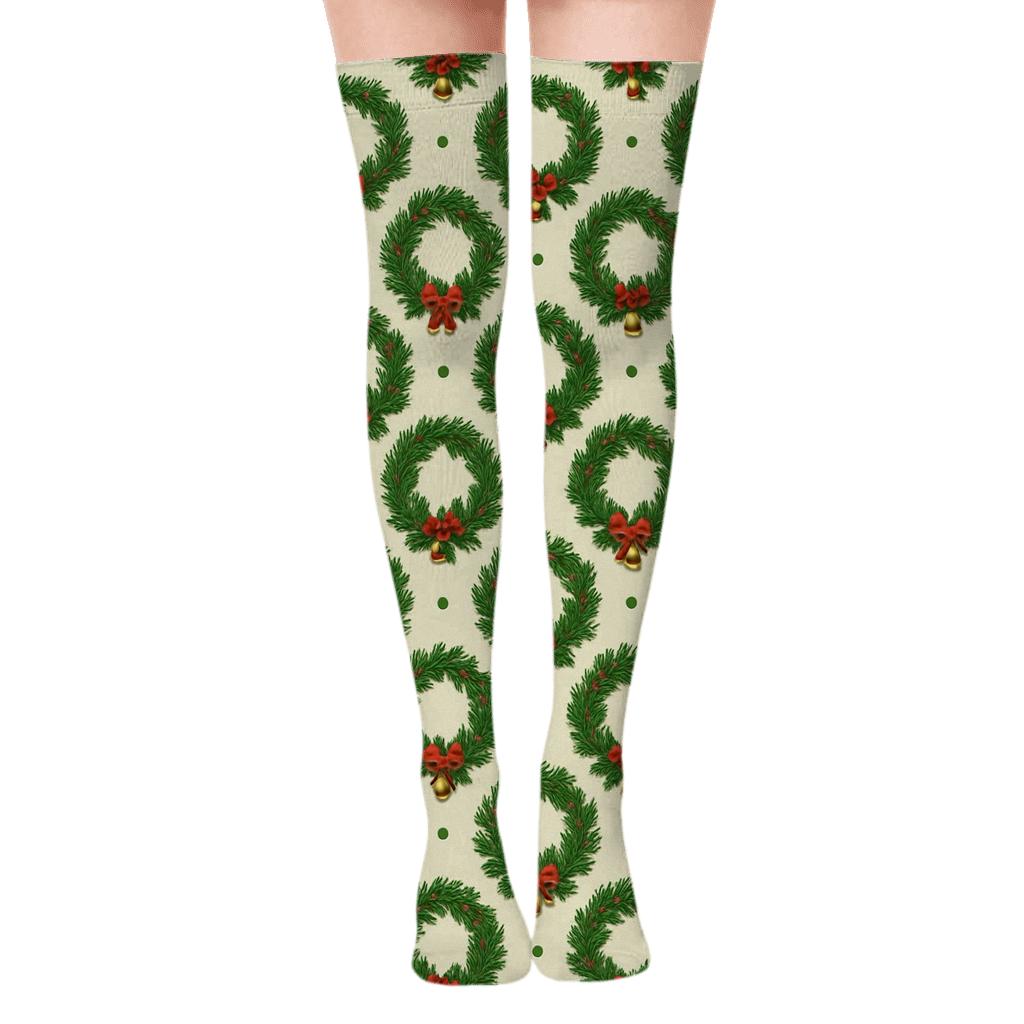 Evergreen Wreath Grid stylish fashion over-the-knee socks