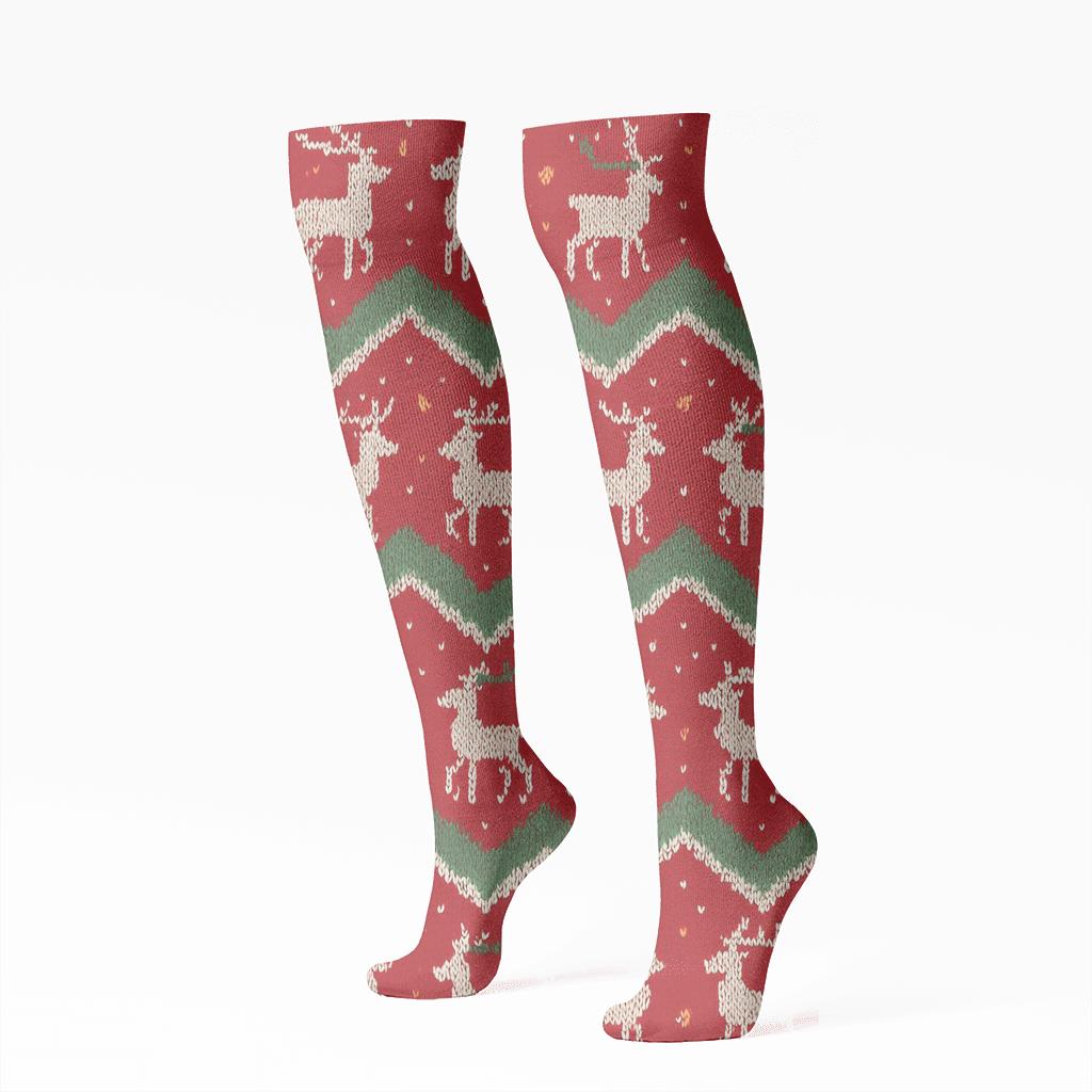 Nordic Reindeer Chevron On Red Background designer print knee-high socks