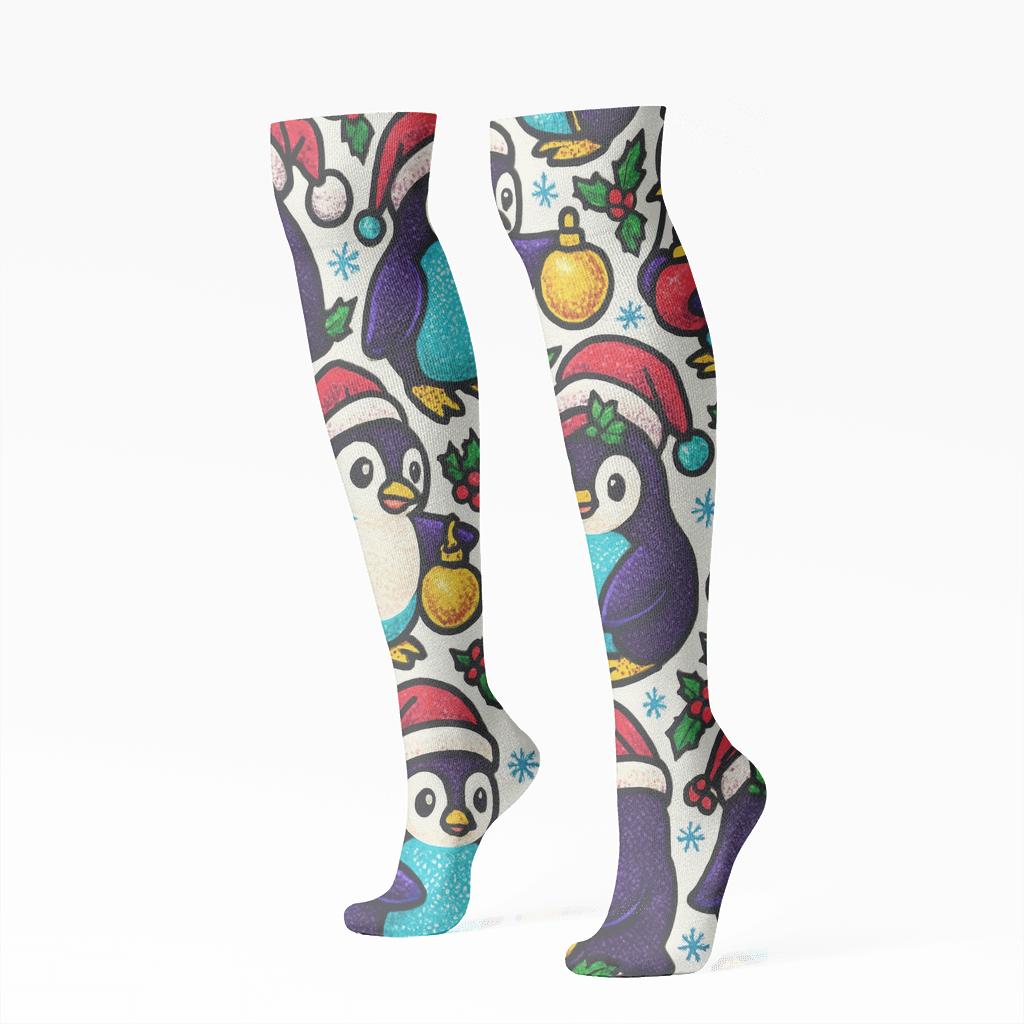 Penguin Ornament Tessellation On White Background soft everyday knee-high socks
