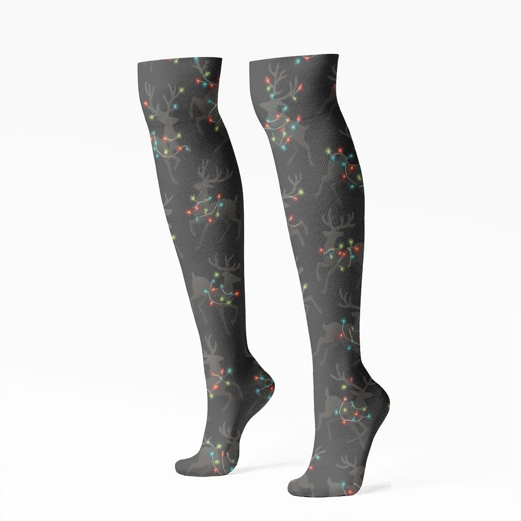 Reindeer Light Scatter On Black unique graphic knee-high socks
