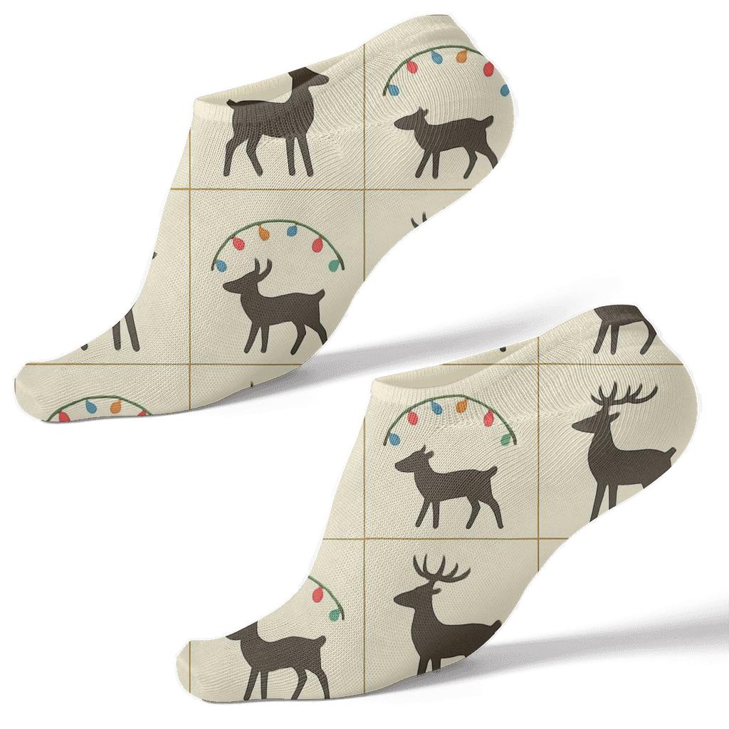 Reindeer Light Garland Grid On Cream Background trendy patterned ankle socks