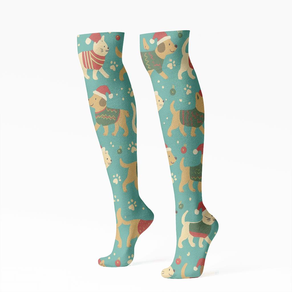 Holiday Pet Parade On Turquoise comfortable cotton knee-high socks
