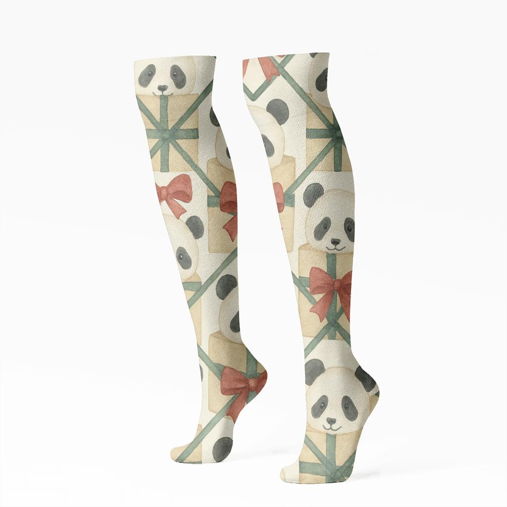 Panda Present Lattice On Ivory Background designer print knee-high socks