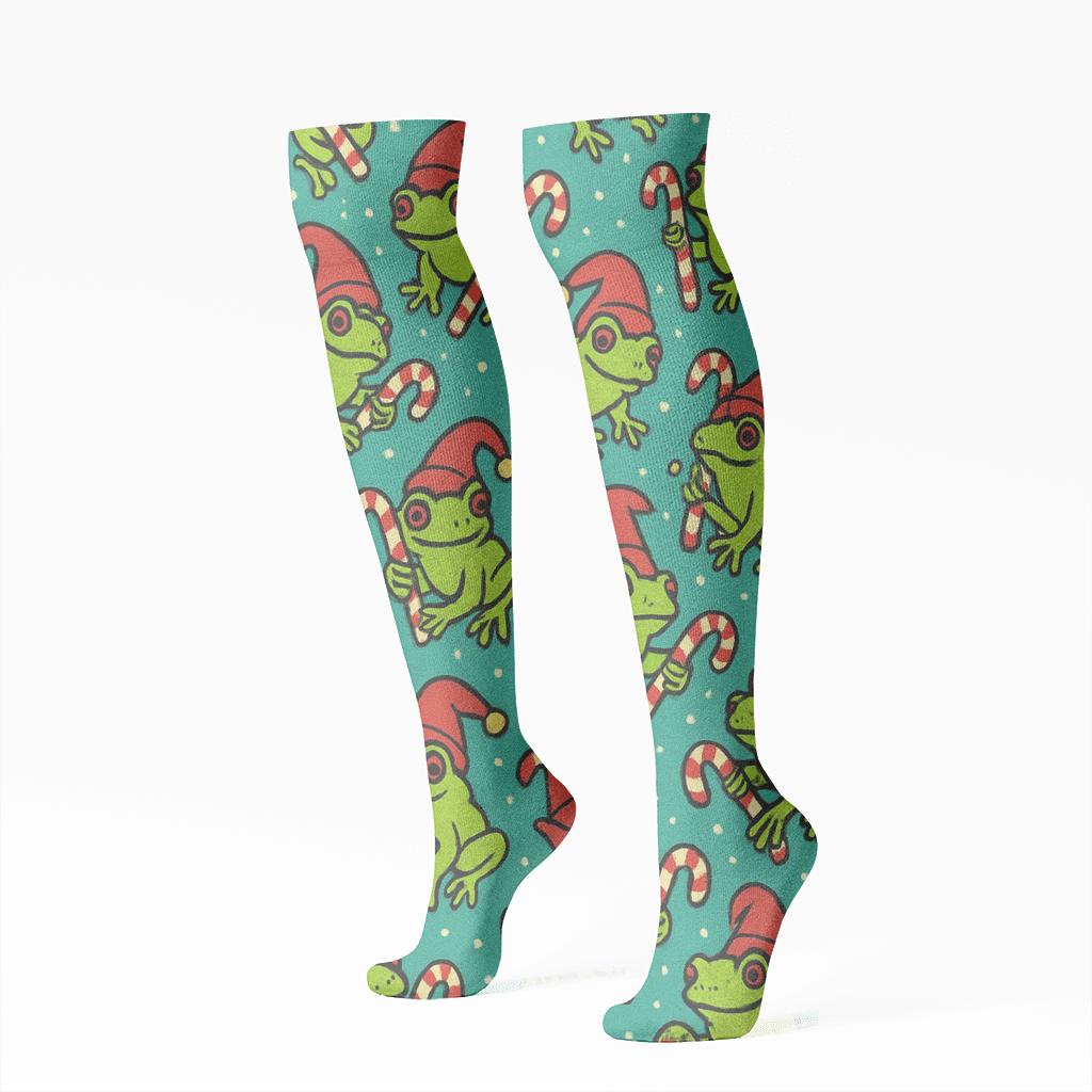 Frog Carol Scatter On Teal Background personalized knee-high socks