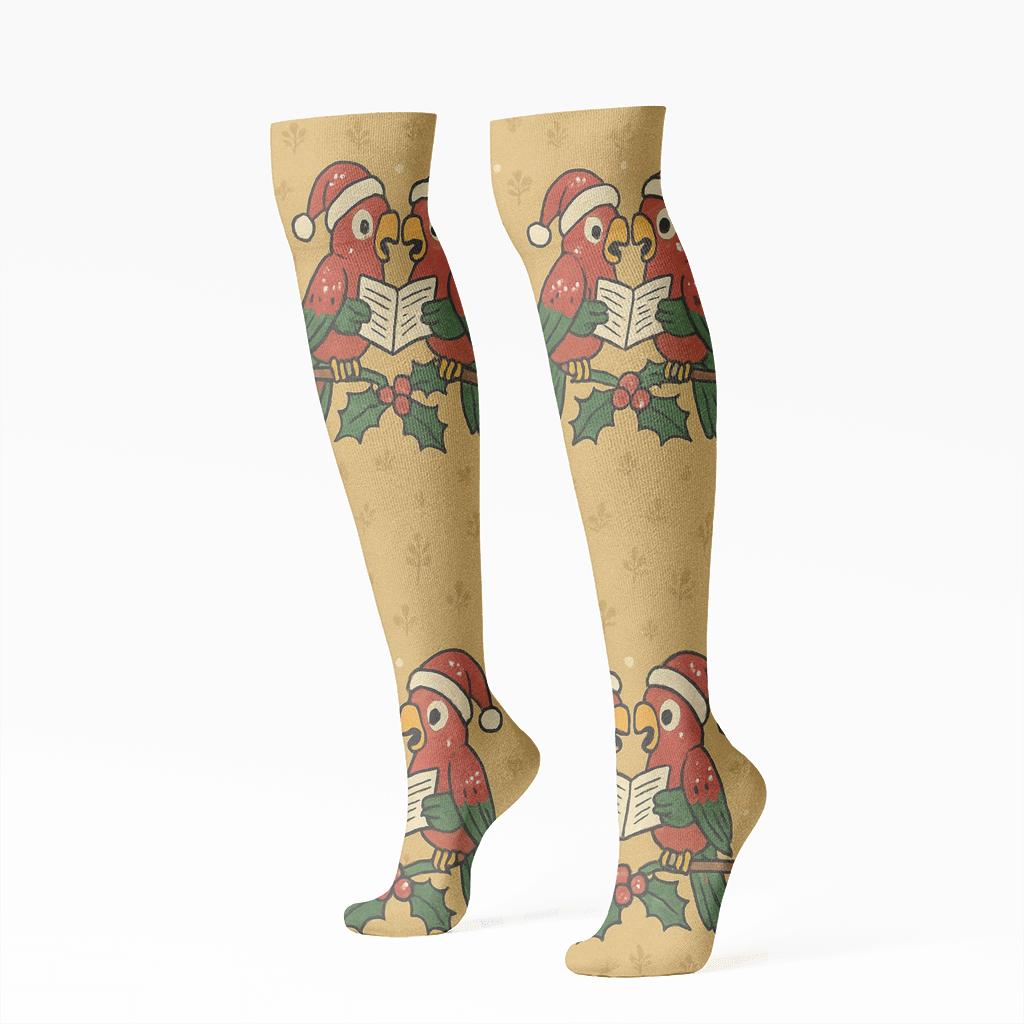 Parrot Caroler Border On Gold Background soft everyday knee-high socks