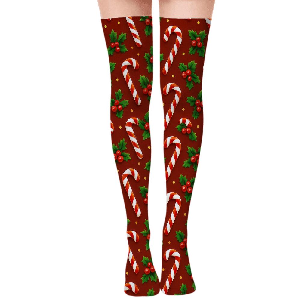 Candy Cane Grid On Red Background premium cozy over-the-knee socks