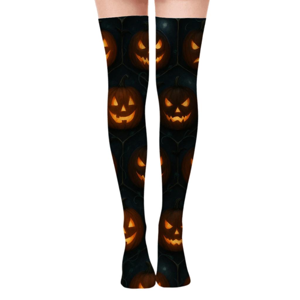 Glowing Pumpkin Tessellation On Black Background custom over-the-knee socks