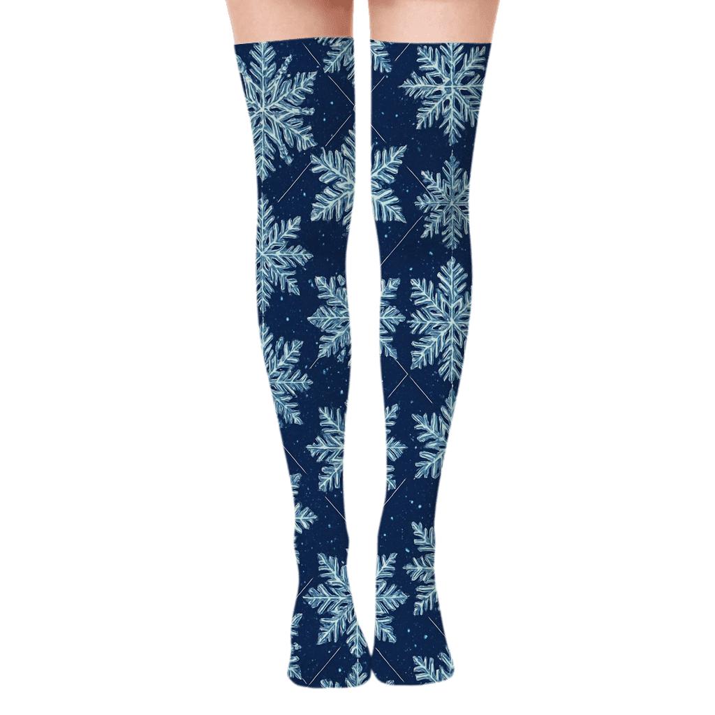 Icy Snowflake Lattice On Navy soft everyday over-the-knee socks