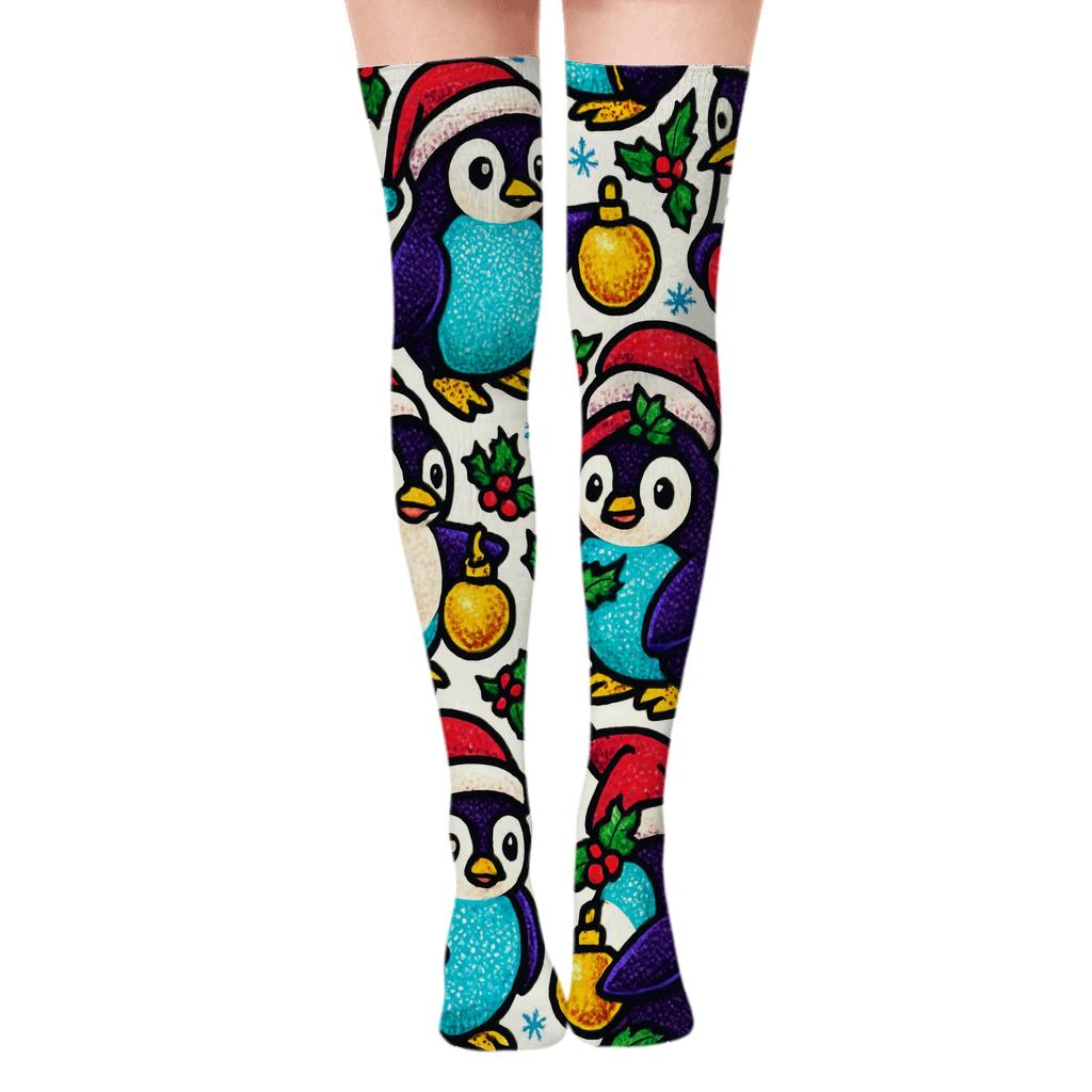 Penguin Ornament Tessellation On White Background personalized over-the-knee socks