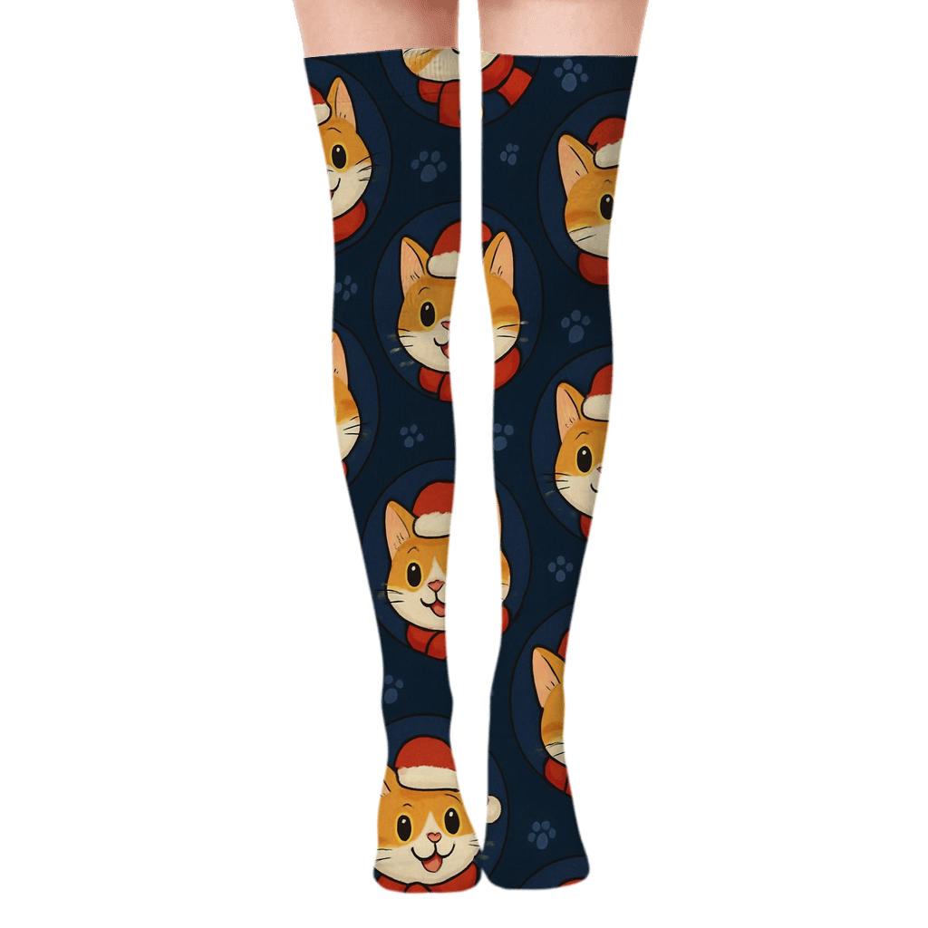 Santa Cat Diagonal Array On Navy Blue Background custom over-the-knee socks
