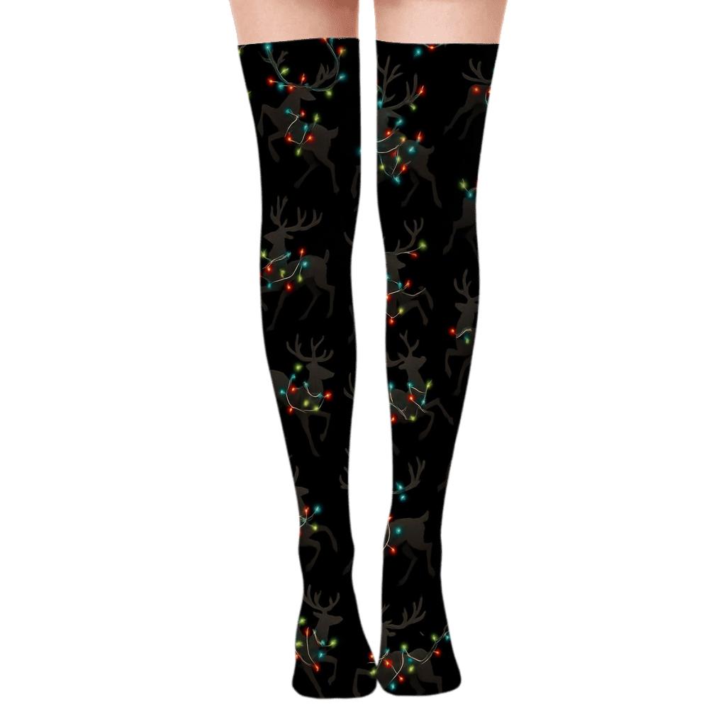 Reindeer Light Scatter On Black personalized over-the-knee socks
