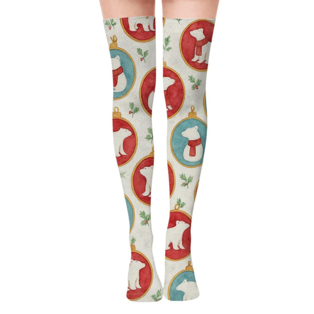 Polar Bear Ornament Progression On White Background designer print over-the-knee socks