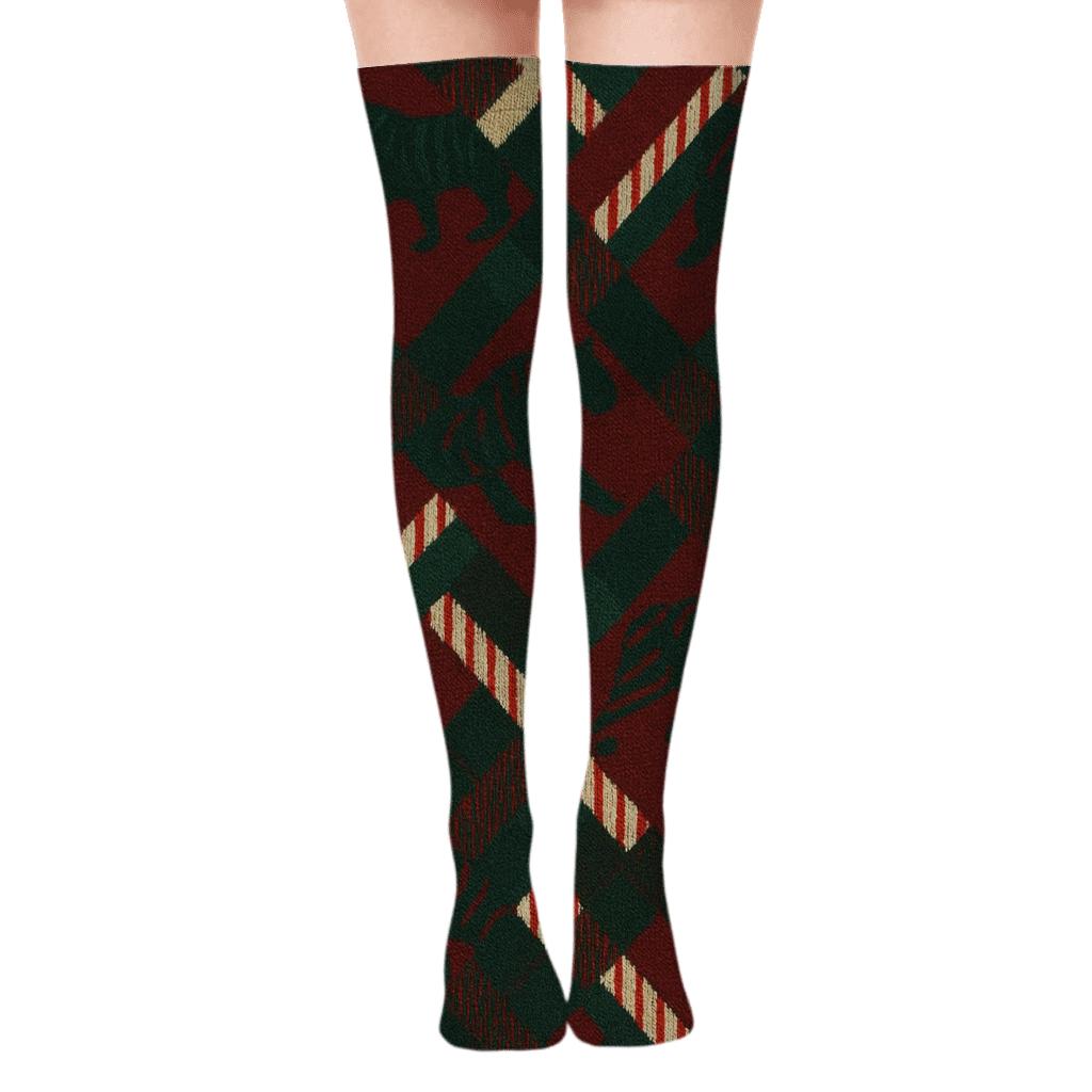 Tartan Tiger Plaid With Candy Canes On Maroon Background premium cozy over-the-knee socks