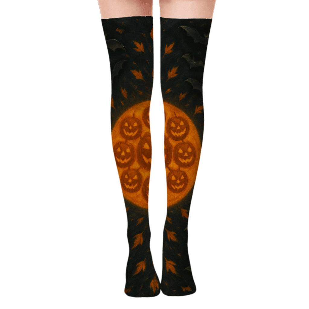Harvest Moon Radial On Black Background designer print over-the-knee socks