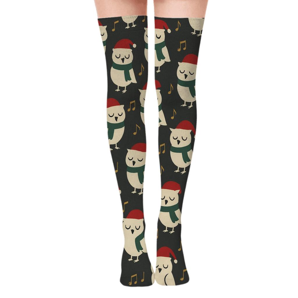 Owl Carolers Wave On Charcoal Background premium cozy over-the-knee socks
