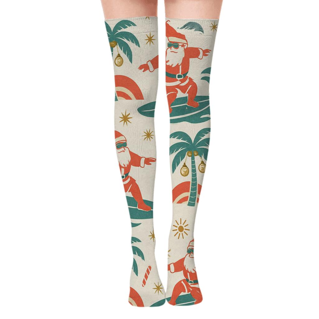 Santa Surf Retro Poster Look On Light Gray unique graphic over-the-knee socks