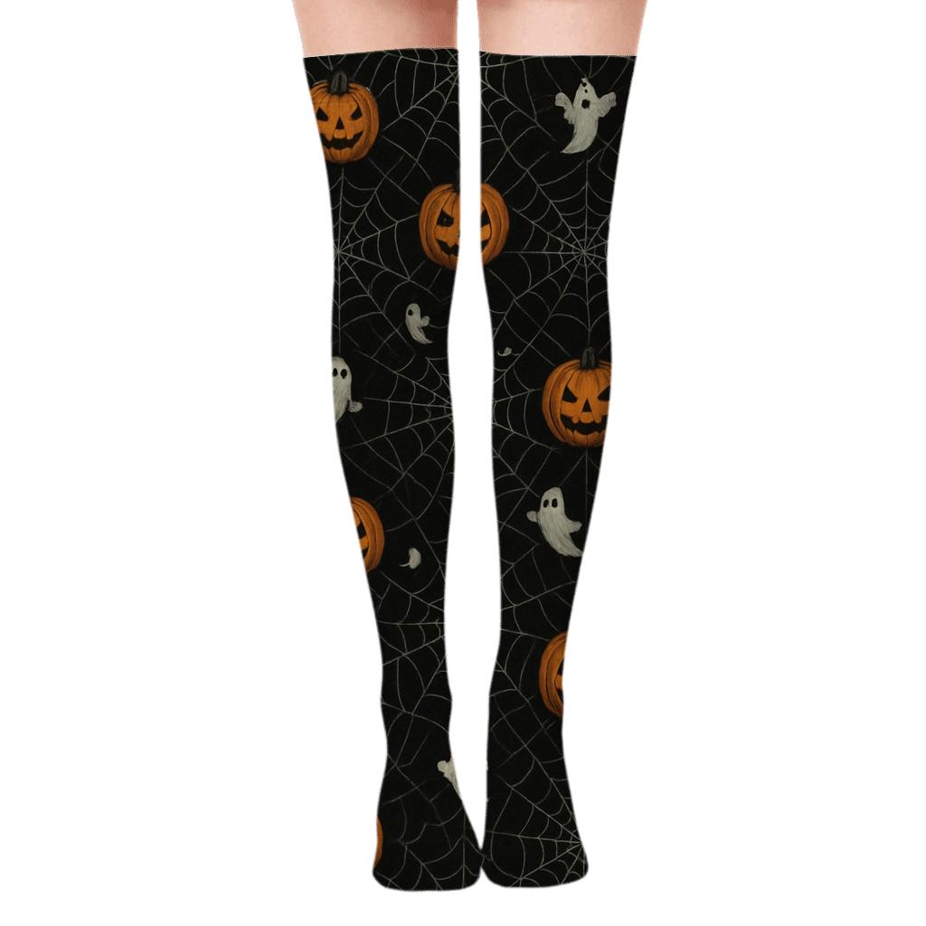 Spider Web Overlay With Pumpkins On Black Background premium cozy over-the-knee socks