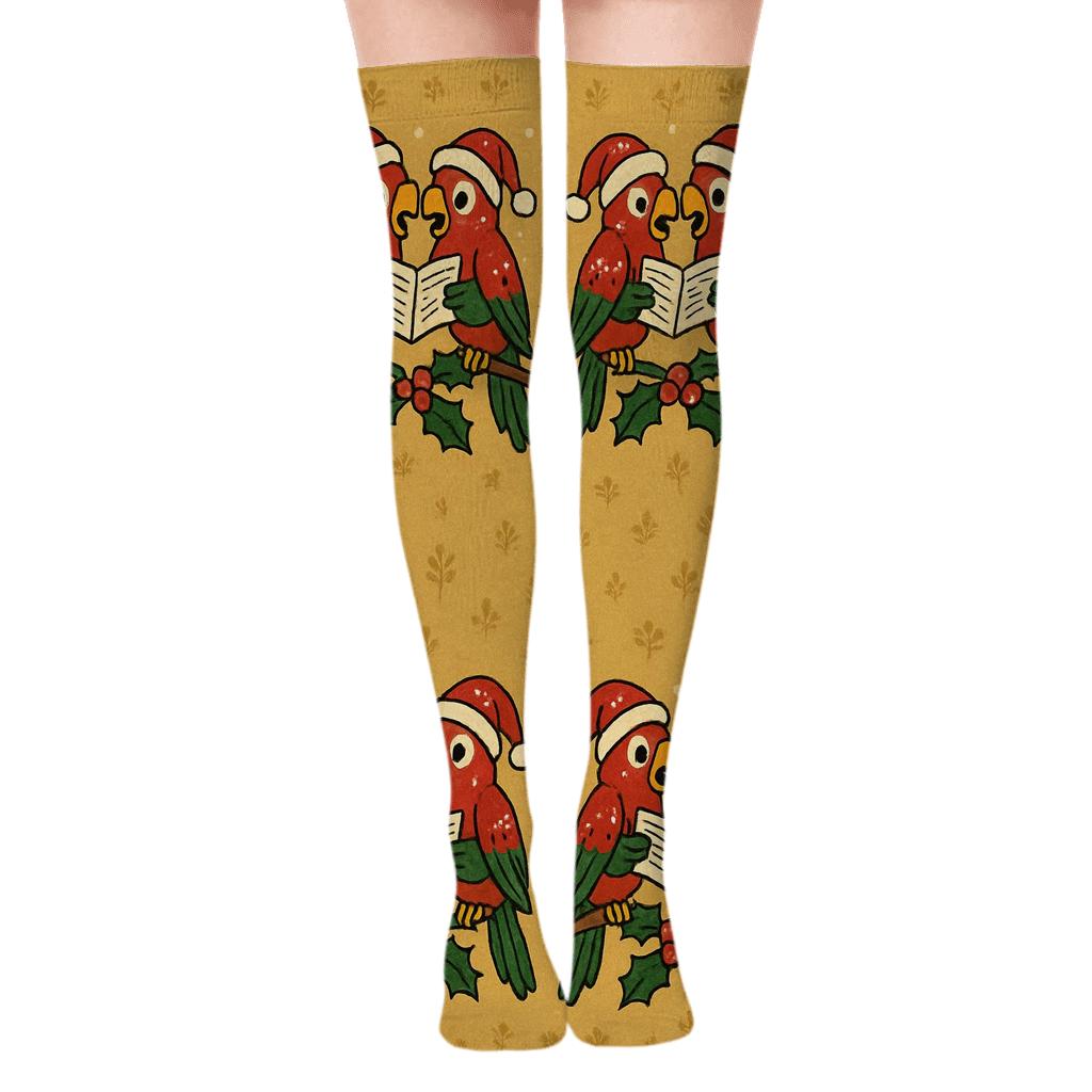 Parrot Caroler Border On Gold Background comfortable cotton over-the-knee socks