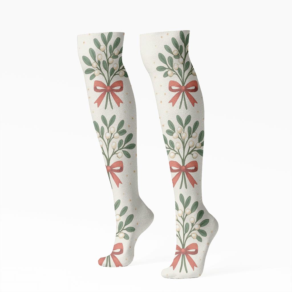 Mistletoe Mirror Pair On Ivory Background designer print knee-high socks