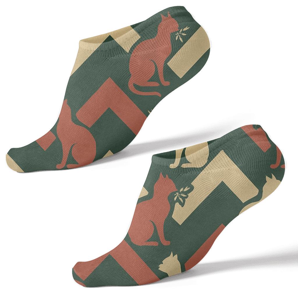 Ivory Mistletoe Cat Chevron On Dark Green Background unique graphic ankle socks