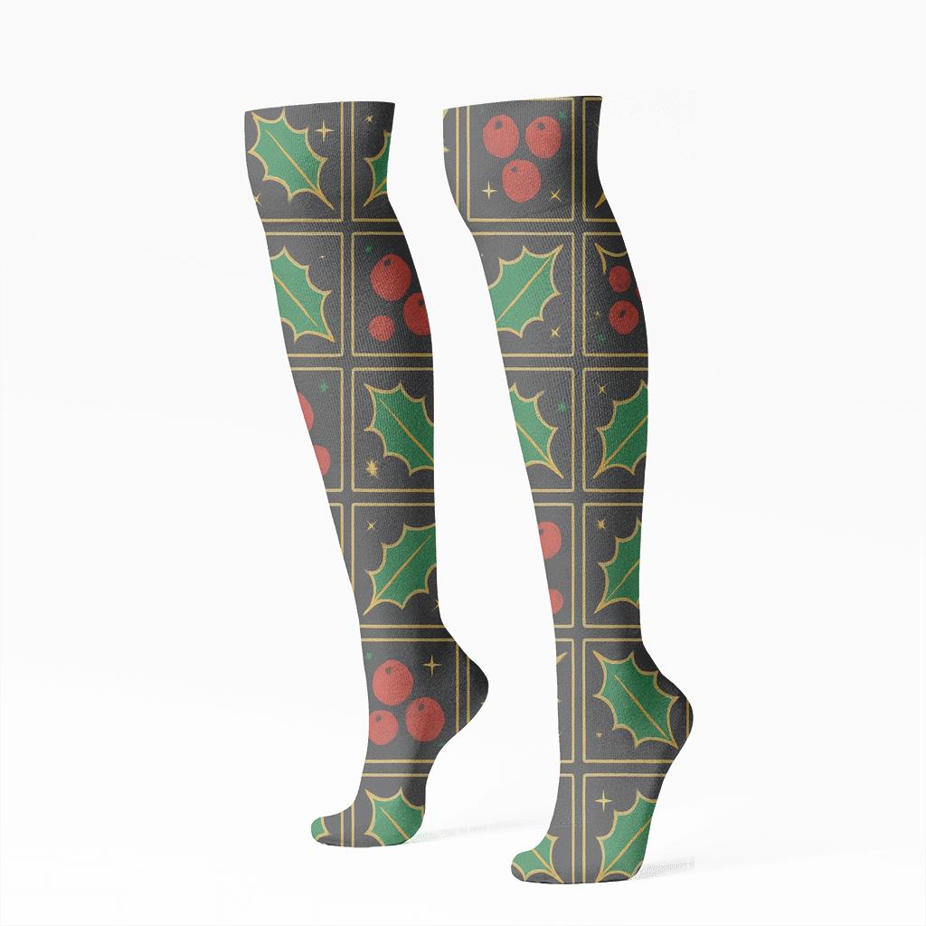 Holly Berry Grid On Charcoal Background personalized knee-high socks
