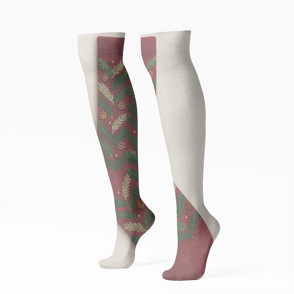 Evergreen Vine Chevron On Cranberry Background comfortable cotton knee-high socks