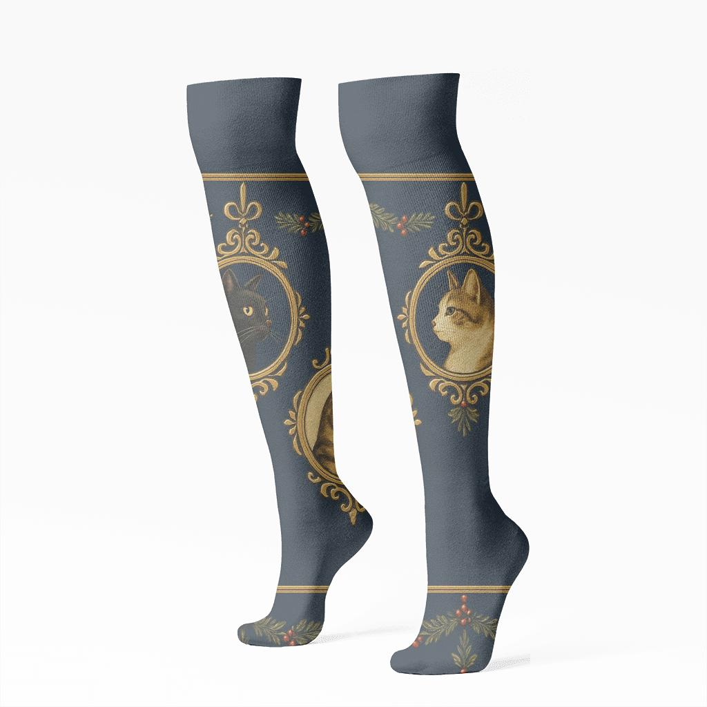 Golden Ornament Cat Parade unique graphic knee-high socks