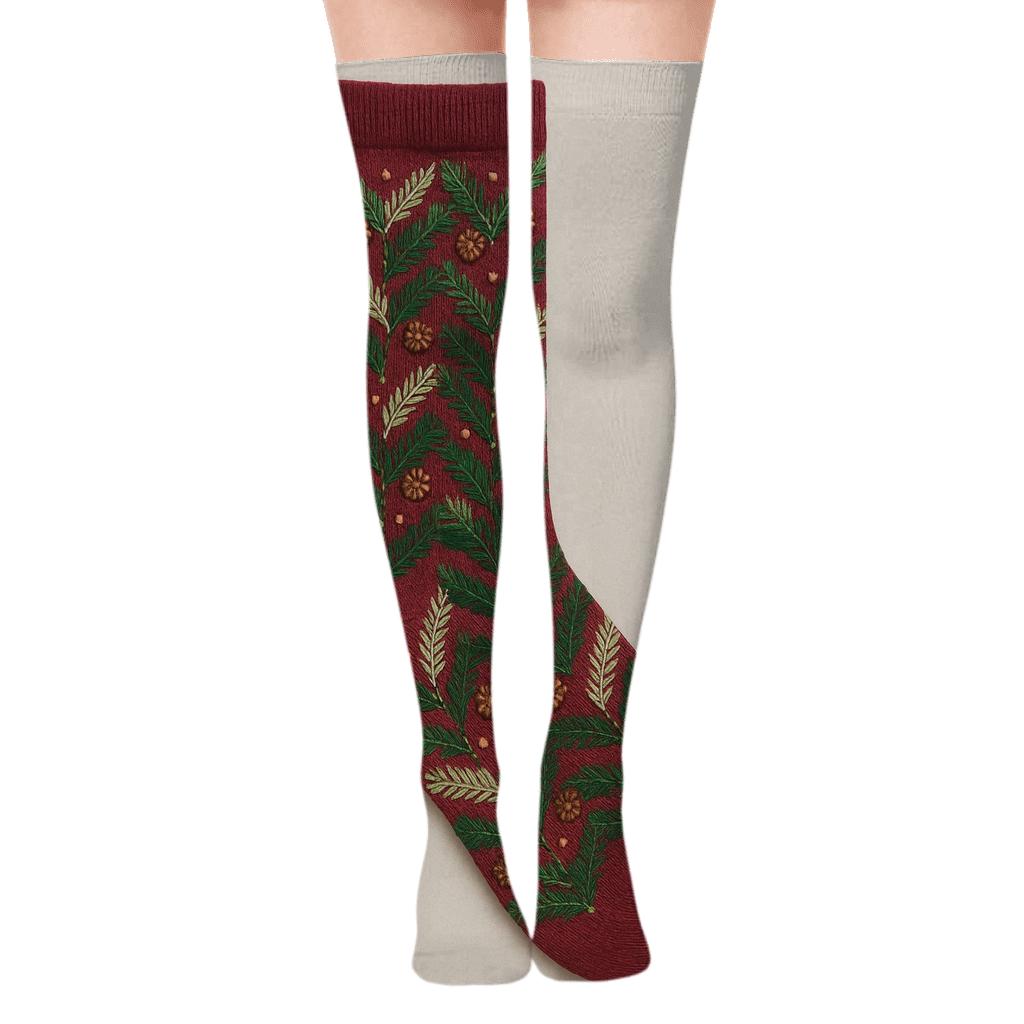 Evergreen Vine Chevron On Cranberry Background designer print over-the-knee socks